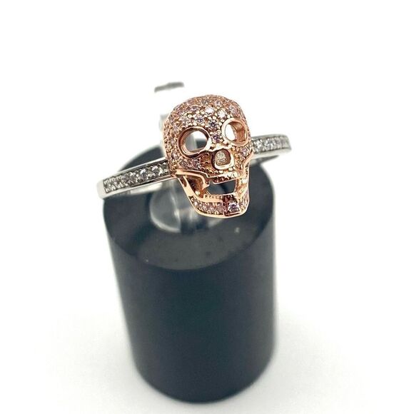 Sterling Silver Rose Gold Two Tone Skull Pink & Clear CZ Ring Size 9 - Picture 1 of 8